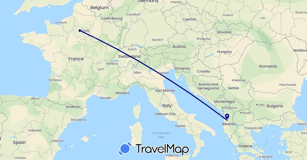 TravelMap itinerary: driving in Albania, France (Europe)